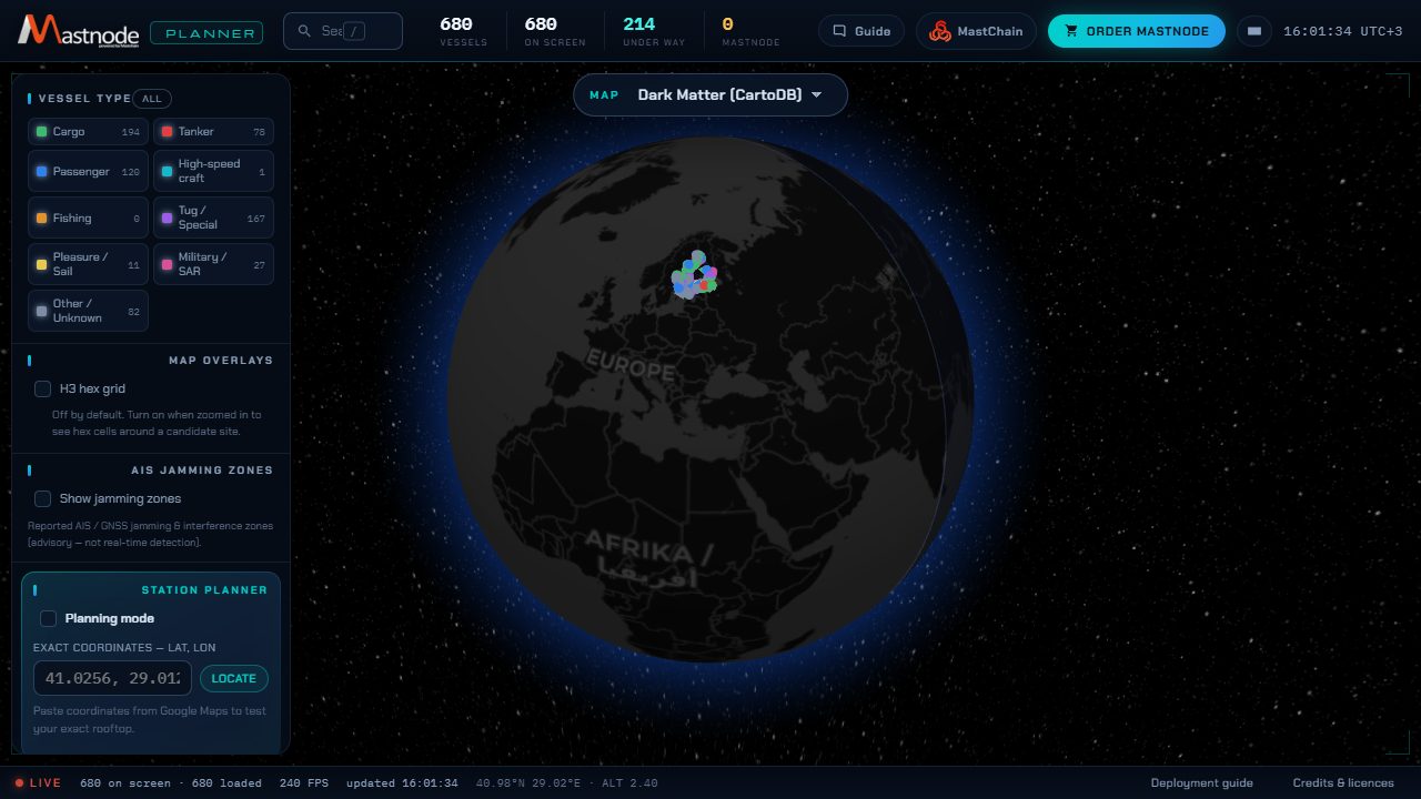 MastnodePlanner — live coverage globe